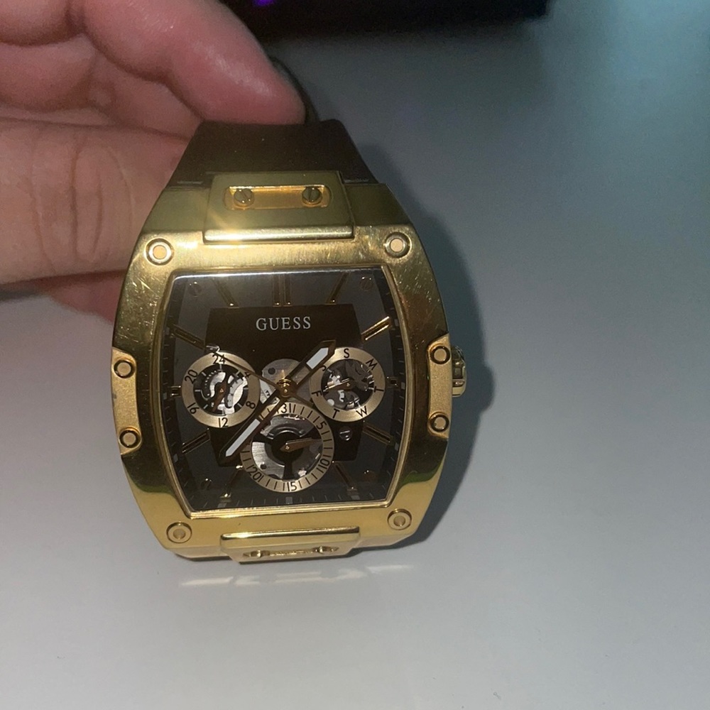 GUESS Men’s Multi-Function Black and Gold Tone Watch